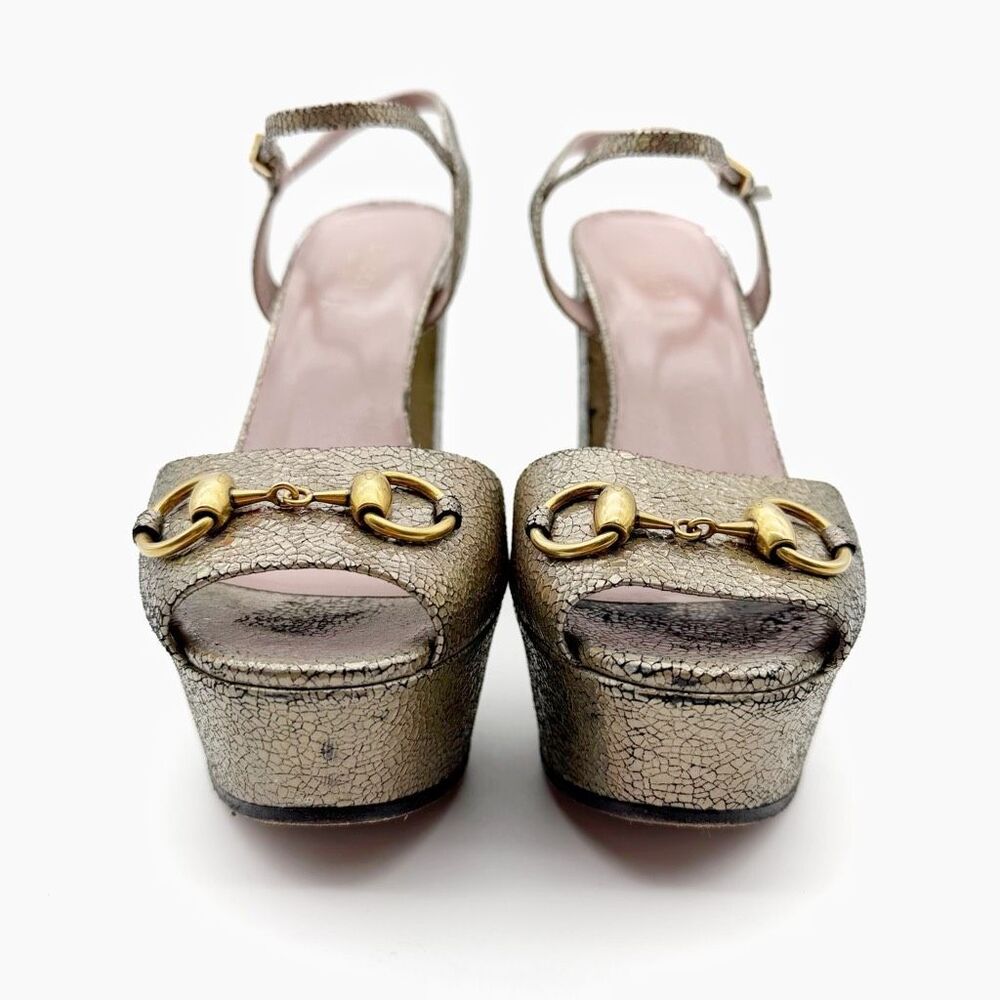 GUCCI Claudie Platform Horsebit Iridescent Gold Heeled Sandal Size 37 Leather - Picture 4 of 12